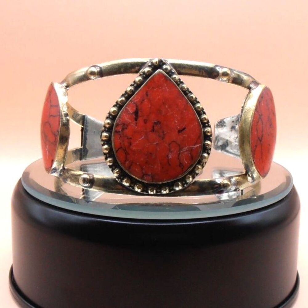 Orange Stone Brass Hammered Cuff Bracelet